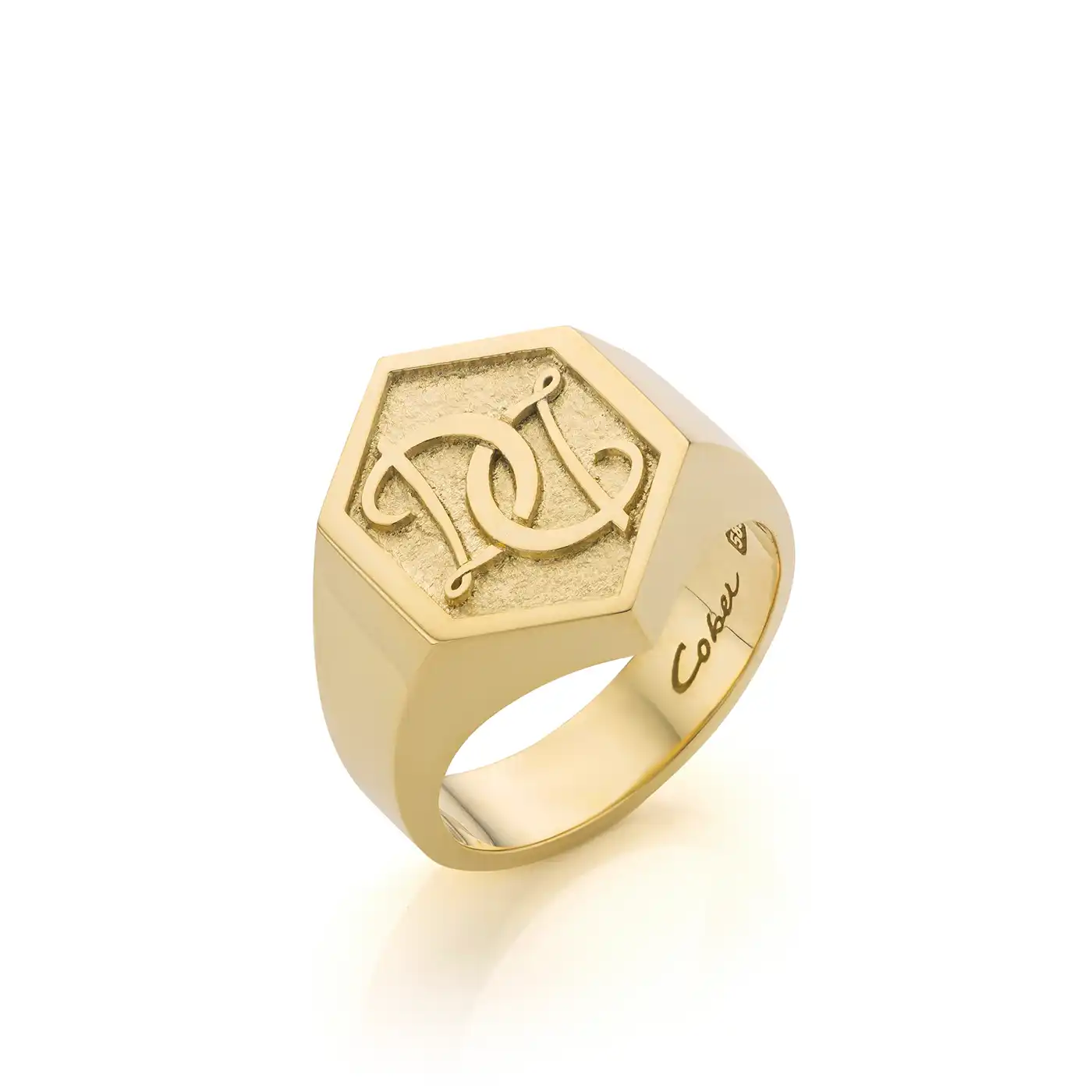 Geelgouden hexagon zegelring met initialen