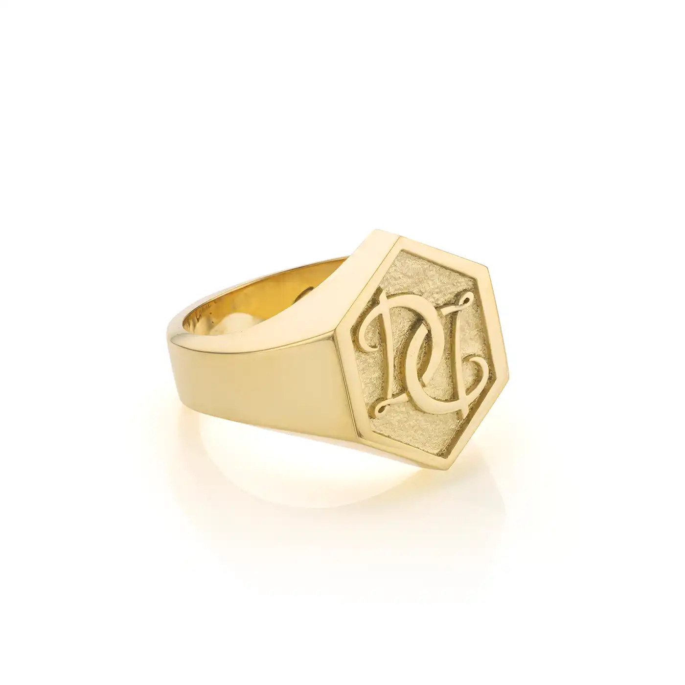 Geelgouden hexagon zegelring met initialen