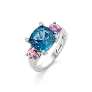 Ring van 14 kt Witgoud met London blue Topaas, roze Saffier en Diamant