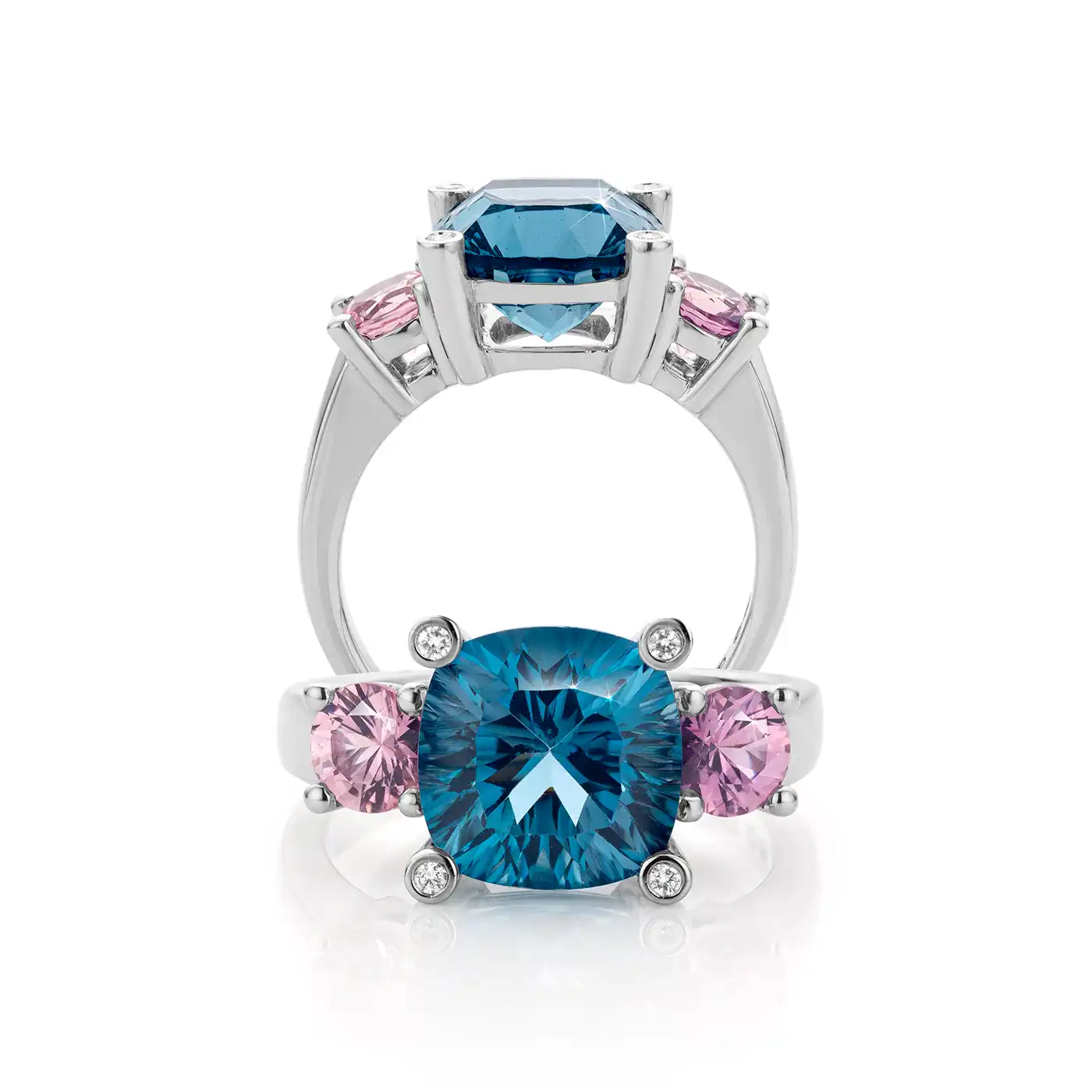 Ring in 14ct white gold with London blue Topaz, pink Sapphire and Diamond